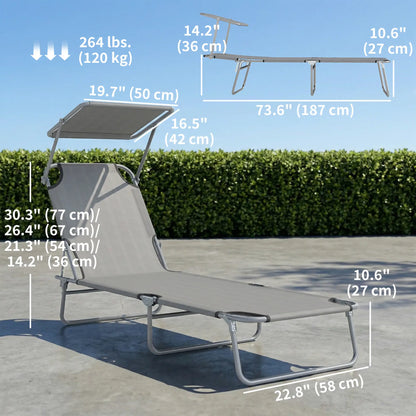 Outdoor Lounge Chair, Adjustable Folding Chaise, Sun Shade, Light Grey