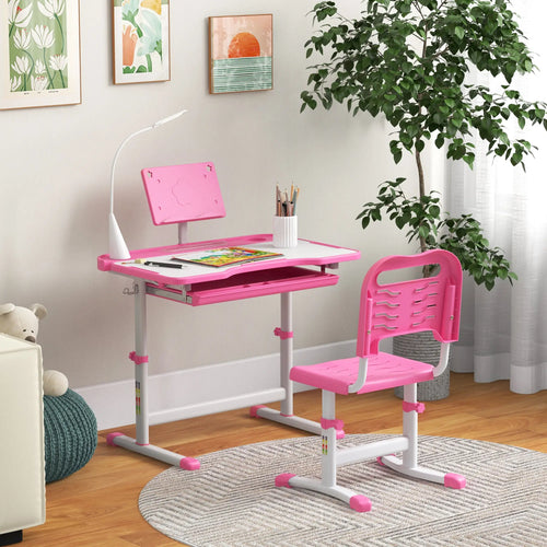Kids Desk and Chair Set, Adjustable Height, Tilt Desktop, Pink