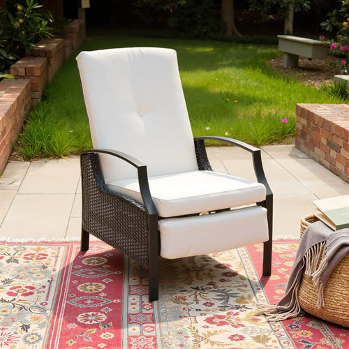 Outdoor Rattan Recliner Chair, Adjustable Back, Retractable Footrest, White