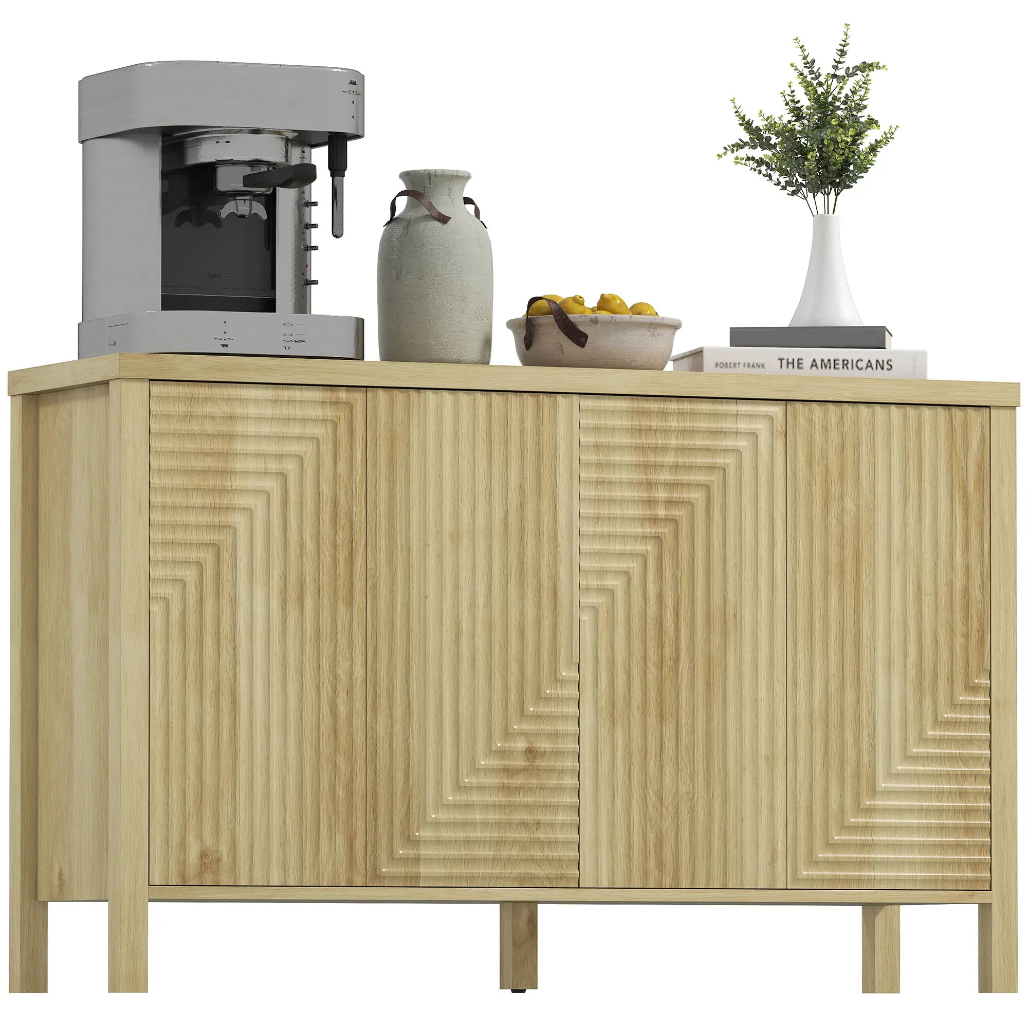 47 Inch Buffet Cabinet, Fluted Sideboard, Push Open, 2 Shelves, 4 Doors, Natural Bar Cabinets at Gallery Canada