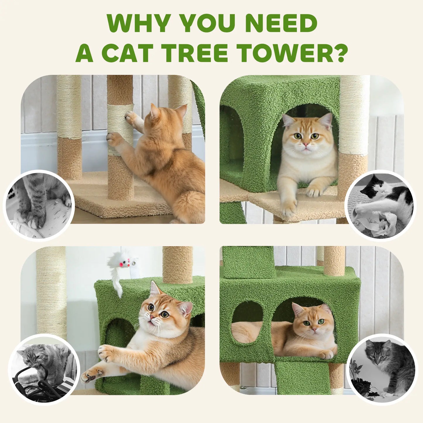 68-Inch Cat Scratching Tree, Multi-Level Activity Center, Green