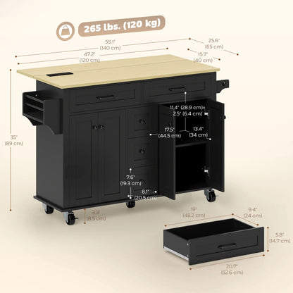 55" Kitchen Island Cart With Power Outlet, Drop Leaf, Storage, Black Kitchen Islands & Kitchen Carts at Gallery Canada