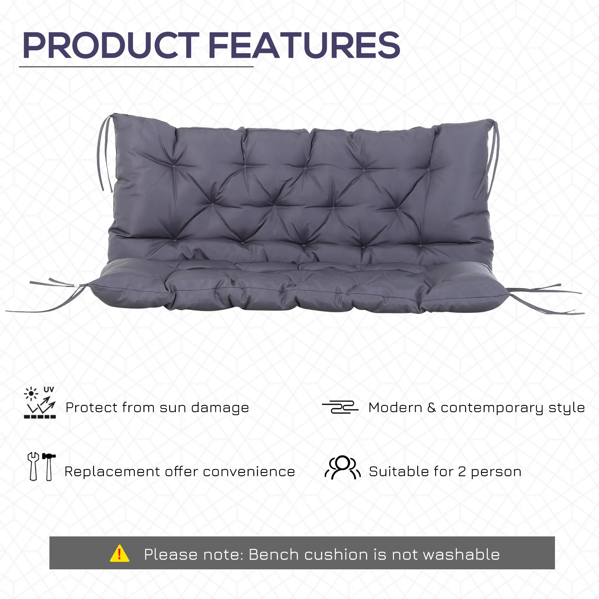 2 Seater Garden Bench Cushion, Thick Outdoor Non-Slip, 52