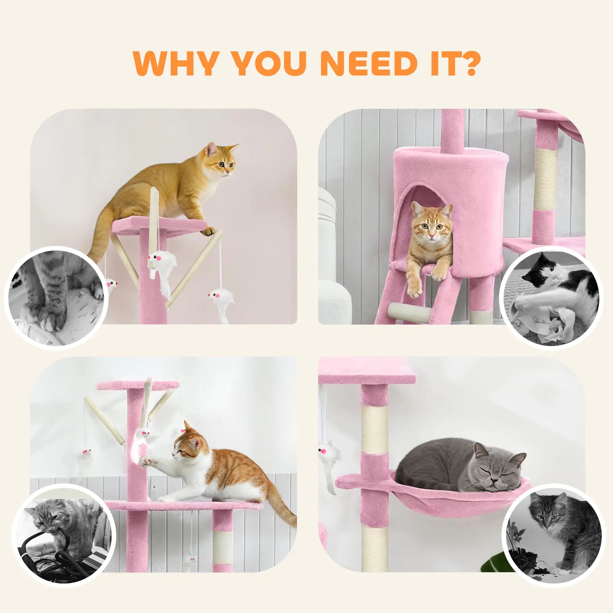 53 Inch Cat Tree Tower, Scratching Posts, Condo, Perches, Hammock, Pink Cat Towers at Gallery Canada