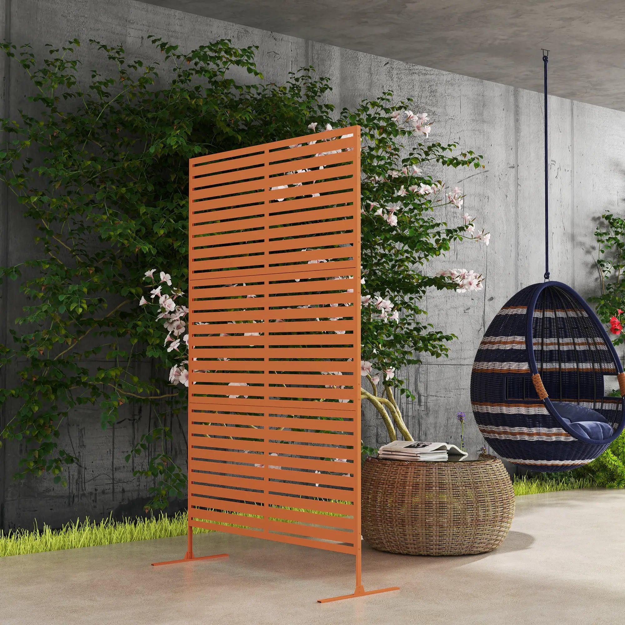 Decorative Outdoor Privacy Panel, Freestanding Metal Divider, Brown Side Awnings at Gallery Canada