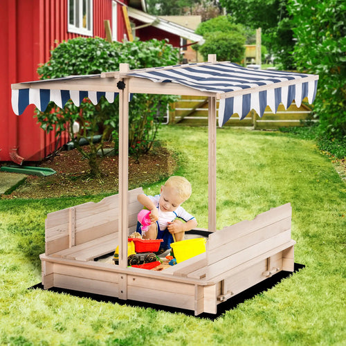 Kids Wooden Sandbox, Outdoor Playset, Adjustable Canopy, Convertible Bench, 3-7 Years