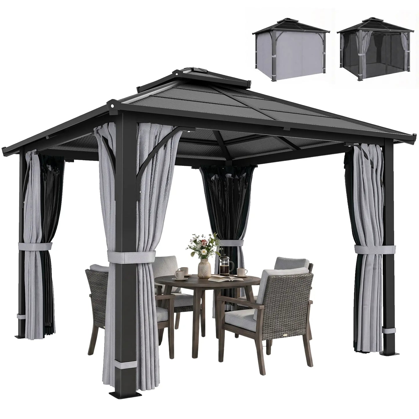 10' x 10' Hardtop Gazebo, 7mm Double Polycarbonate Roof, Netting, Curtains Gazebos at Gallery Canada