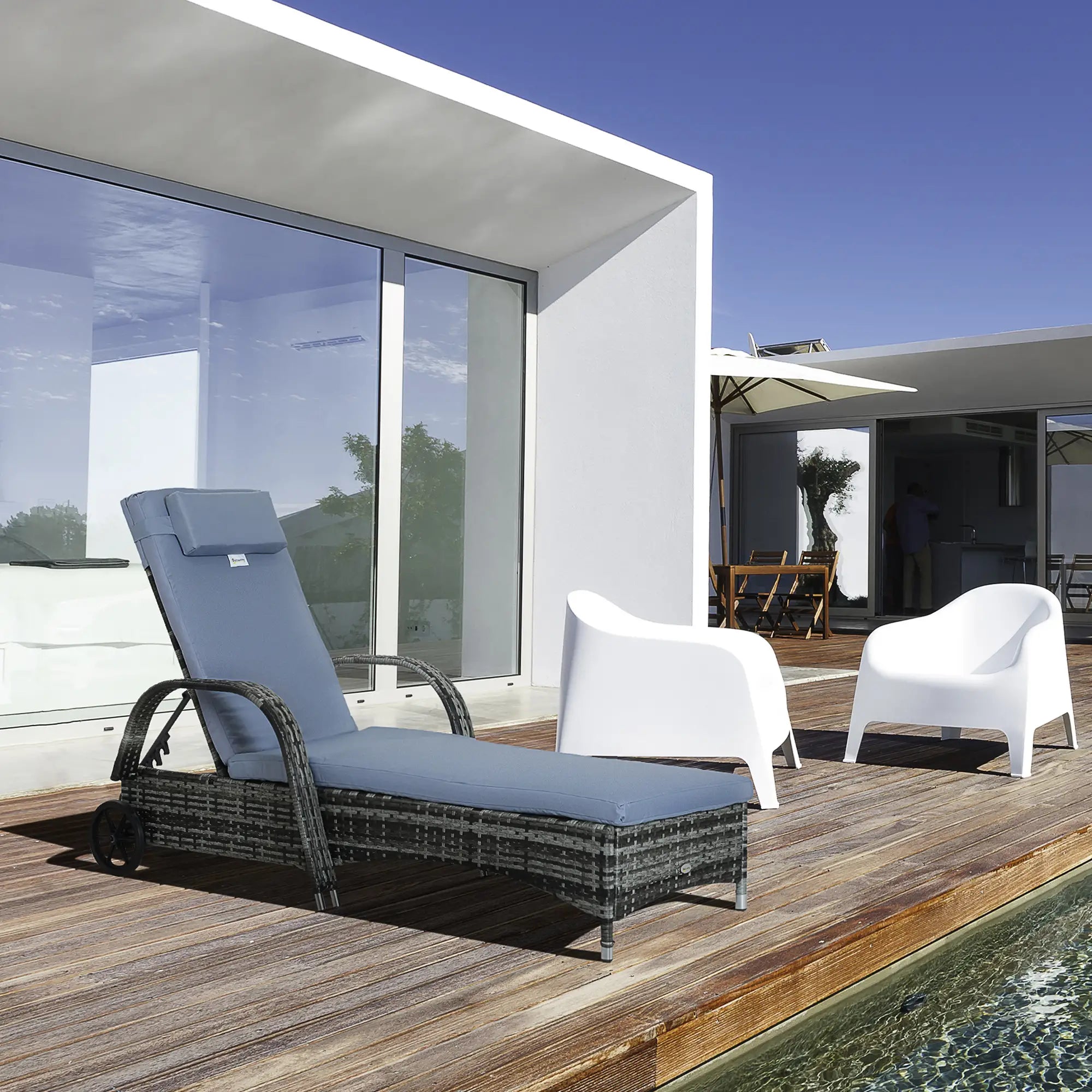 Wicker Chaise Lounge, Outdoor PE Rattan Sun Lounger, Adjustable Backrest, Cushion, Wheels, Mixed Grey, Grey Chaise Loungers at Gallery Canada