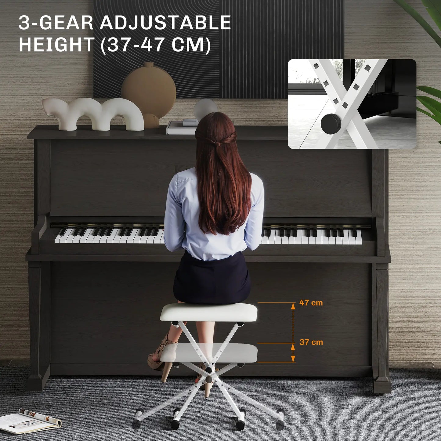 Adjustable Piano Bench, X-Style Folding Piano Stool with Padded Seat, Non-Slip Rubber Feet, Keyboard Chair, White