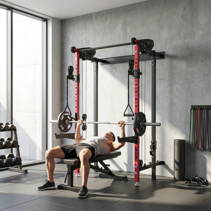 Foldable Power Cage With Pull-Up Bar, Cable Pulley System, 1540 Lbs