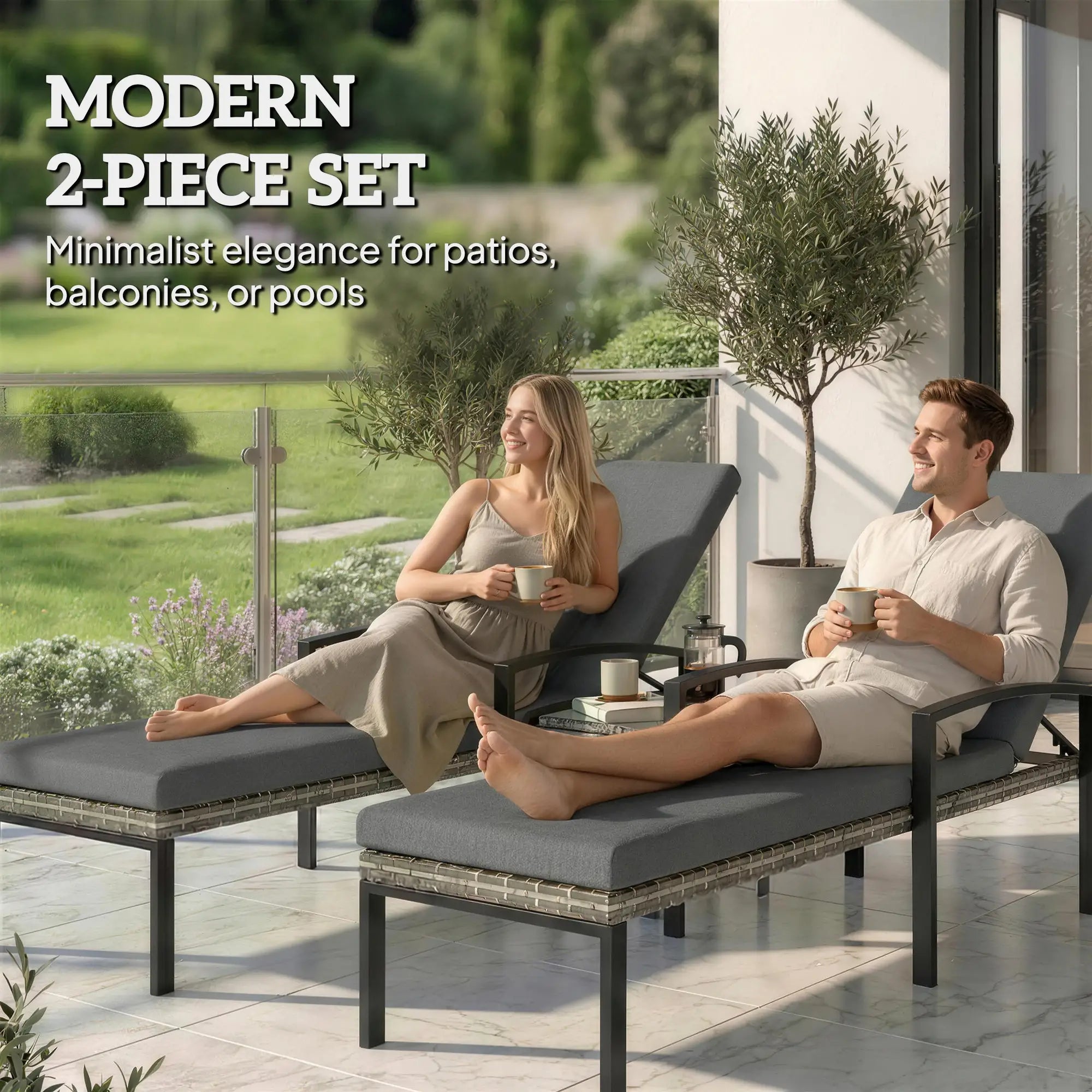 Outdoor Chaise Lounge Chairs, Set of 2 Wicker Patio Chairs, 5-Level Adjustable Backrest Wicker Chaise Loungers at Gallery Canada
