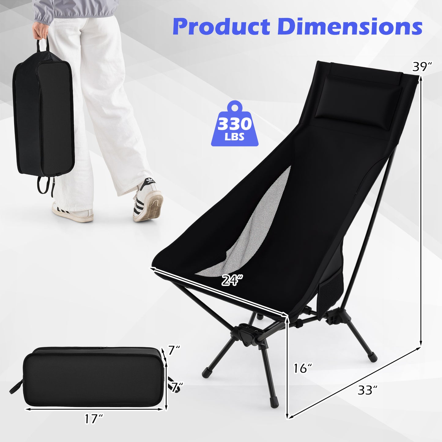 High Back Portable Camping Chair with Compact Carry Bag and Pillow, Black Camping Furniture at Gallery Canada