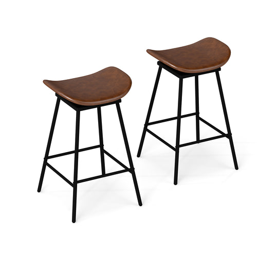 Set Of 2 Swivel Barstools, Faux Leather, Backless With Footrest, Brown