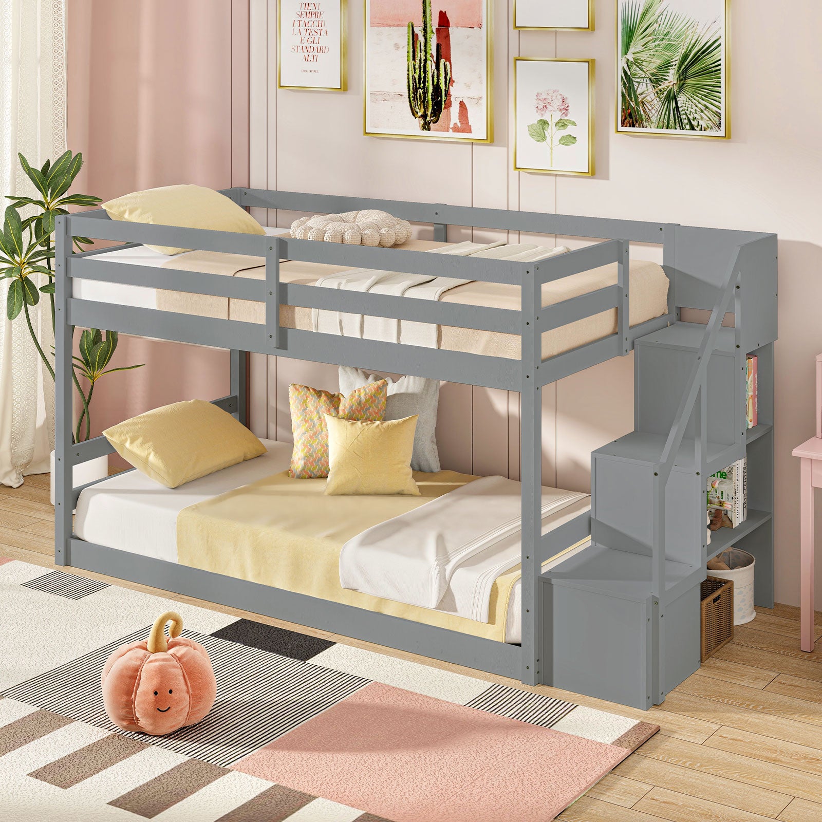 Twin Over Twin Low Bunk Bed with Storage Stairs Solid Wood Floor Bunk Bed Frame, Gray Bunk Bed Frame at Gallery Canada