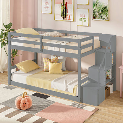 Twin Over Twin Low Bunk Bed with Storage Stairs Solid Wood Floor Bunk Bed Frame, Gray Bunk Bed Frame at Gallery Canada