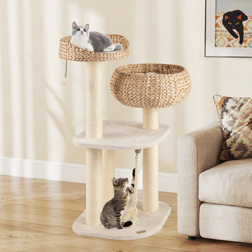 41 Inch Rattan Cat Tree, Napping Perch, White