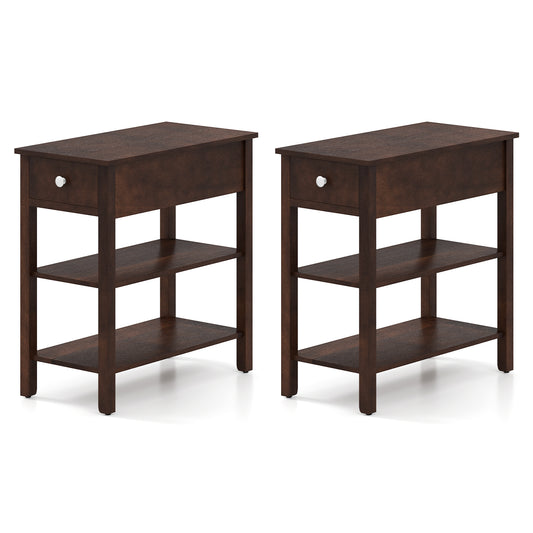 3-Tier Narrow End Table with Drawer and Storage Shelves Set of 2, Walnut Living Room Walnut at Gallery Canada