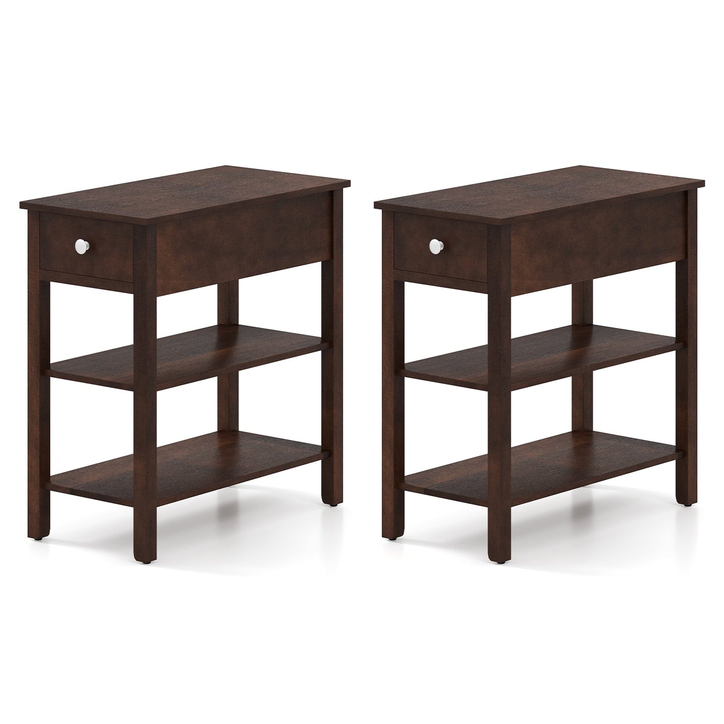 3-Tier Narrow End Table With Drawer, Storage Shelves, Set Of 2, Walnut Living Room Walnut at Gallery Canada