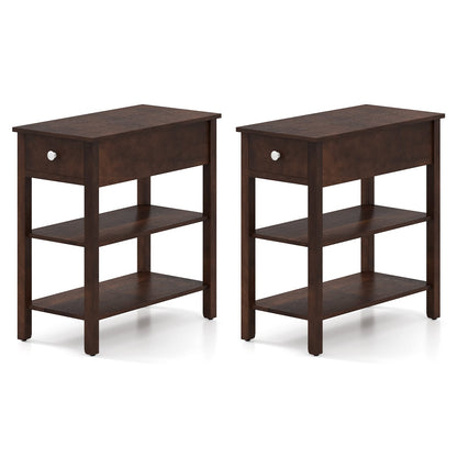 3-Tier Narrow End Table With Drawer, Storage Shelves, Set Of 2, Walnut Living Room Walnut at Gallery Canada