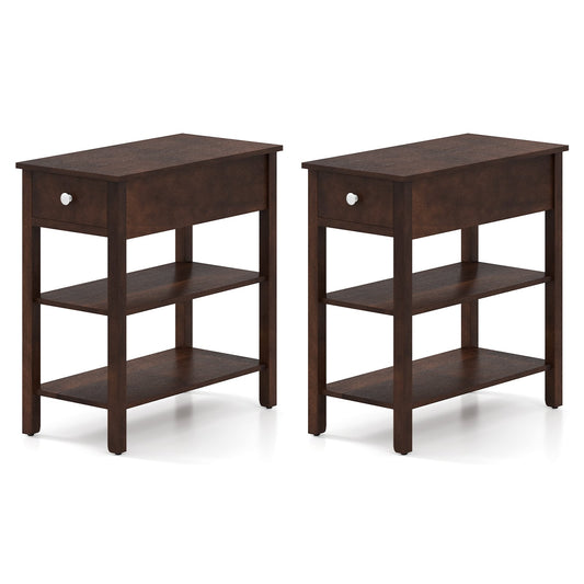 3-Tier Narrow End Table With Drawer, Storage Shelves, Set Of 2, Walnut Living Room Walnut at Gallery Canada