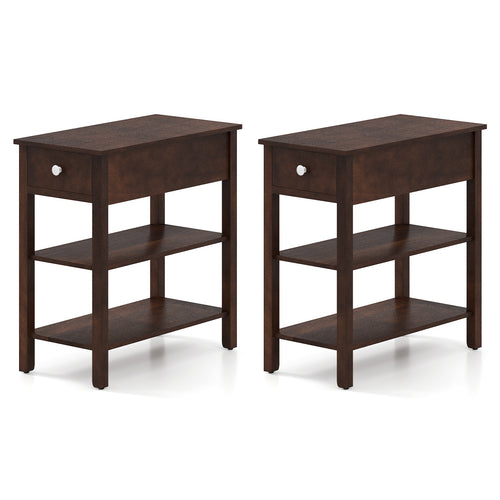 3-Tier Narrow End Table with Drawer and Storage Shelves Set of 2, Walnut