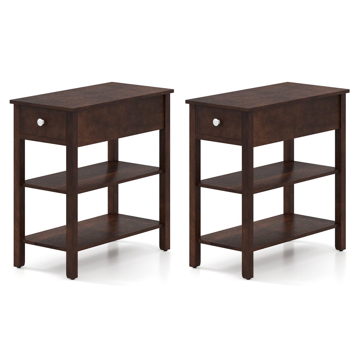 3-Tier Narrow End Table with Drawer and Storage Shelves Set of 2, Walnut Living Room at Gallery Canada