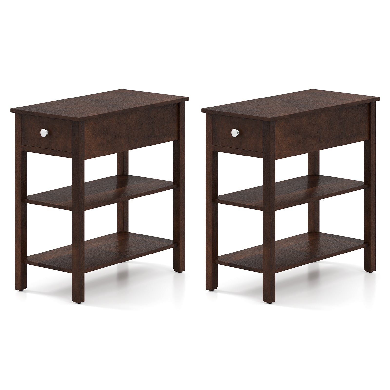 3-Tier Narrow End Table with Drawer and Storage Shelves Set of 2, Walnut Living Room at Gallery Canada