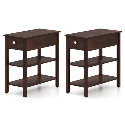 3-Tier Narrow End Table with Drawer and Storage Shelves Set of 2, Walnut Living Room at Gallery Canada