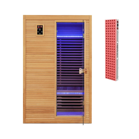 2024 New 2 People Far Infrared Wooden Sauna Room with Free Red Light Therapy for Home, Natural