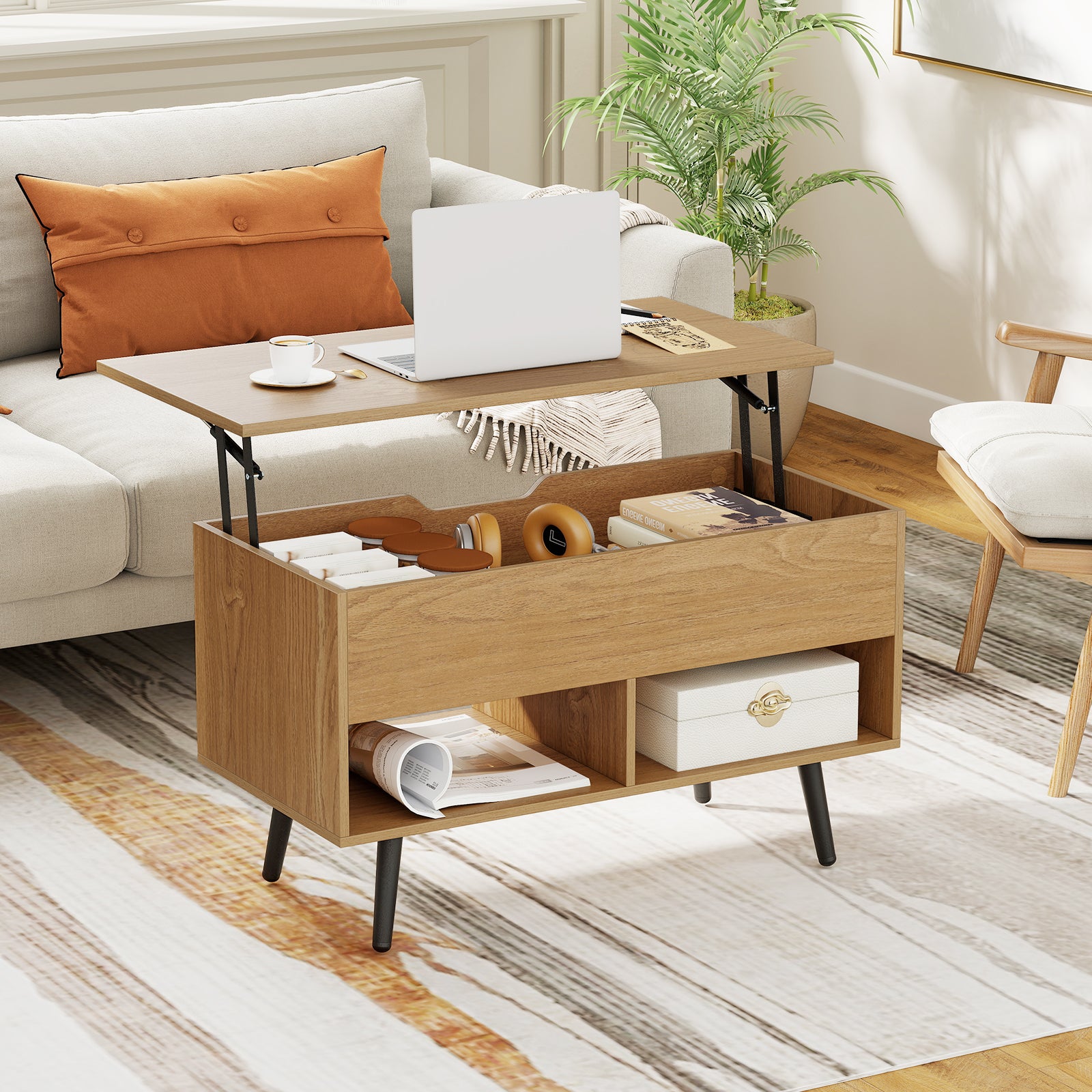 31.5 Inch Lift-Top Coffee Table with Hidden Storage and 2 Open Shelves, Natural Living Room at Gallery Canada