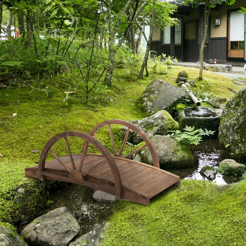 3.3ft Wooden Garden Bridge, Arc Stained Finish, Half Wheeled Railings