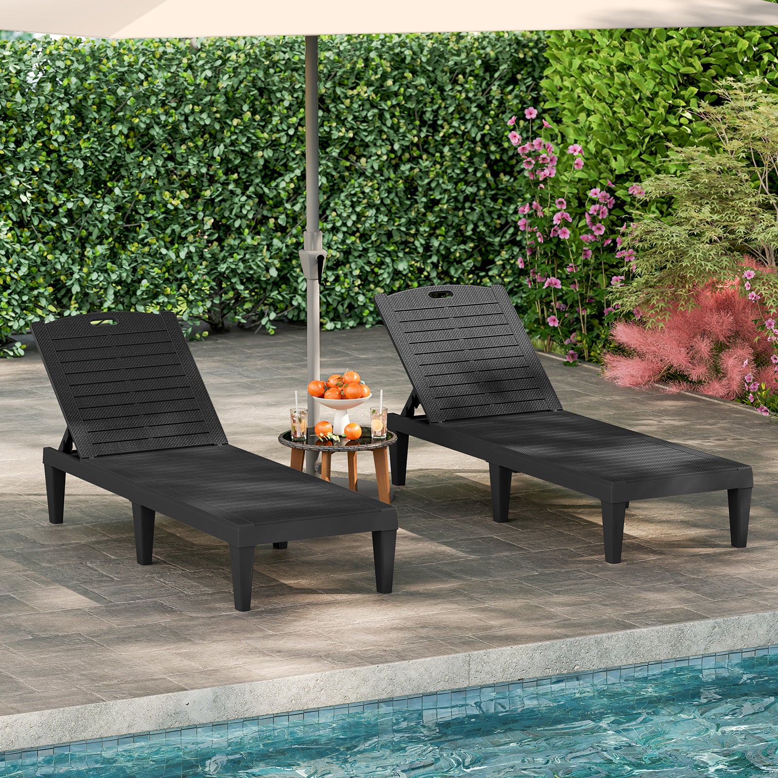 Outdoor PP Chaise Lounge Chairs Set of 2 with 4-Position Adjustable Backrests, Black Outdoor Chaise Lounges at Gallery Canada