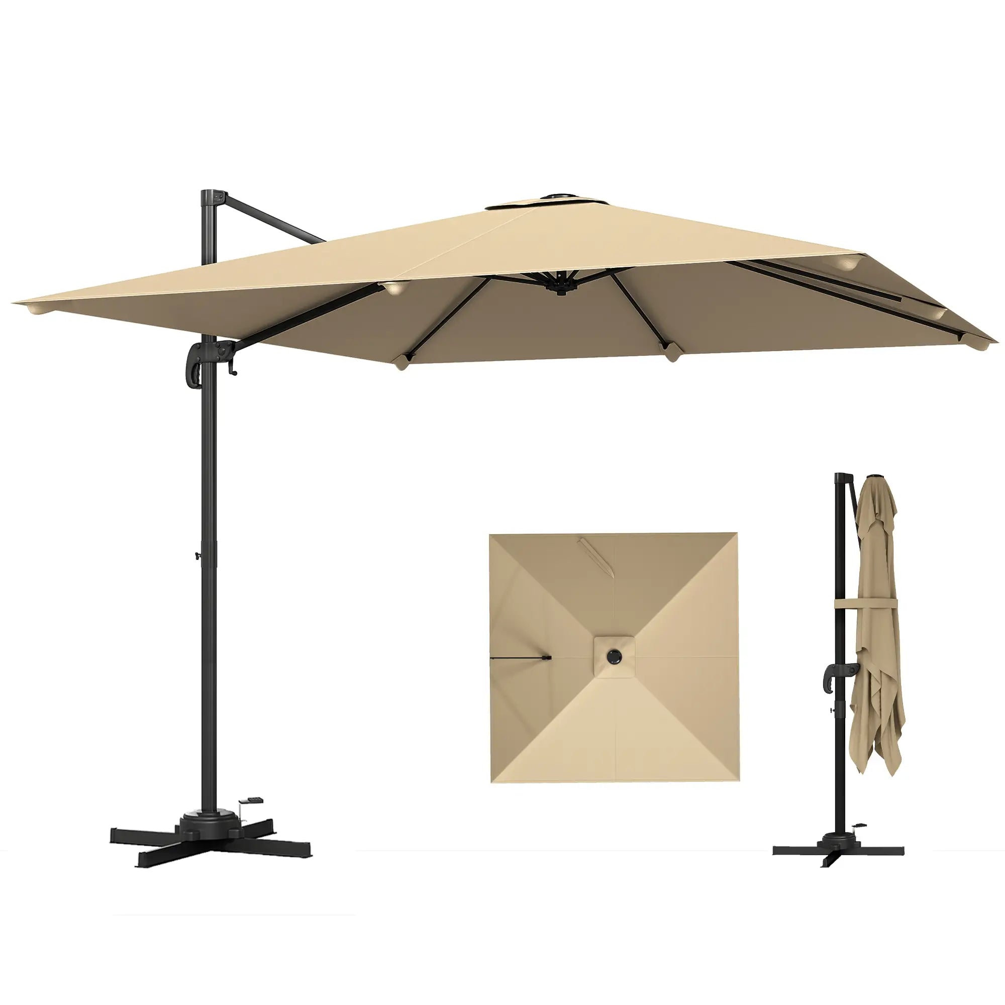 10 FT Cantilever Patio Umbrella, Square, Crank Handle, Cross Base Offset Cantilever Umbrellas Khaki at Gallery Canada