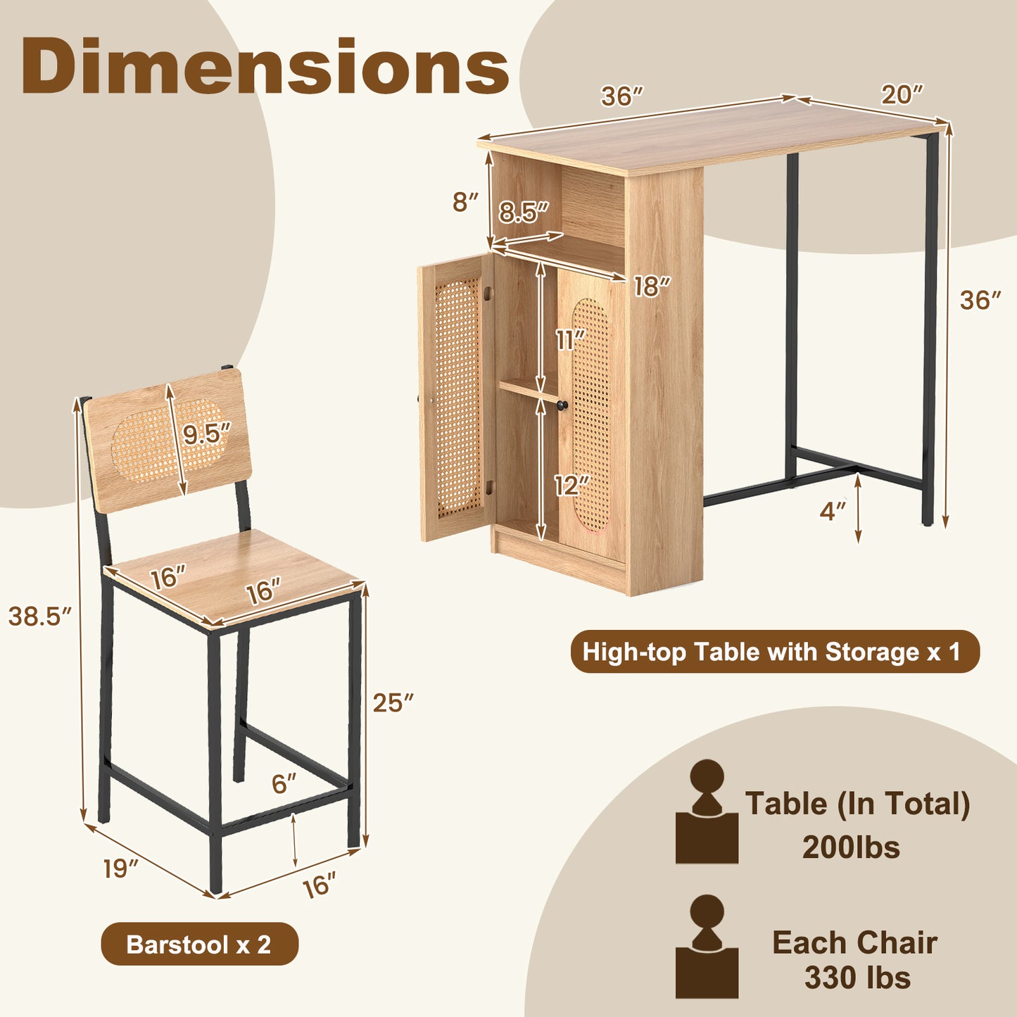 3-Piece Bar Table and Chairs Set with Storage Shelves and Footrests, Natural Dining Room Sets at Gallery Canada