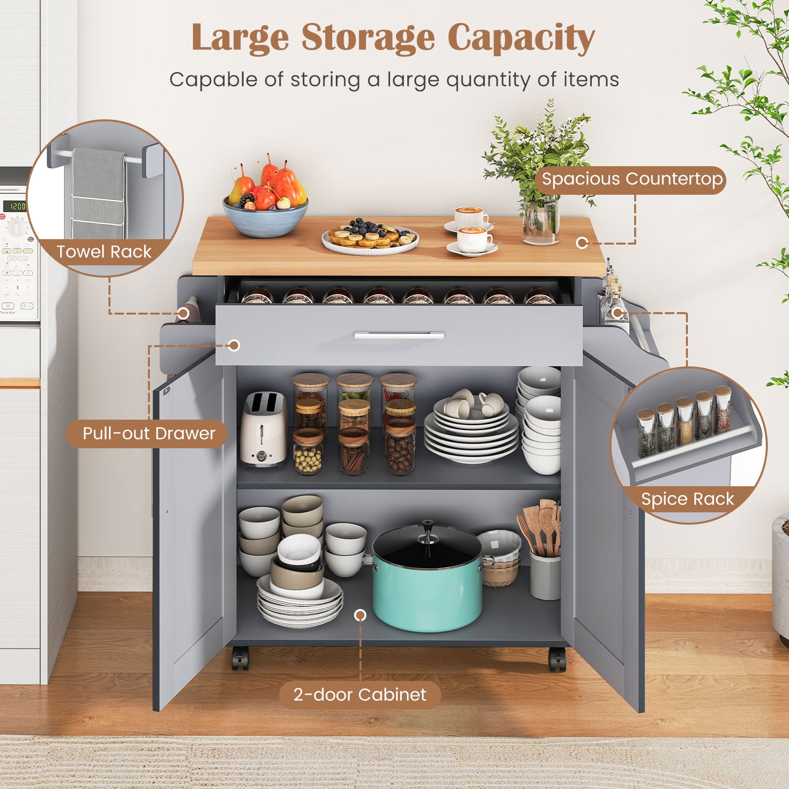Rolling Kitchen Island Cart with Towel and Spice Rack, Gray Kitchen Islands & Carts at Gallery Canada
