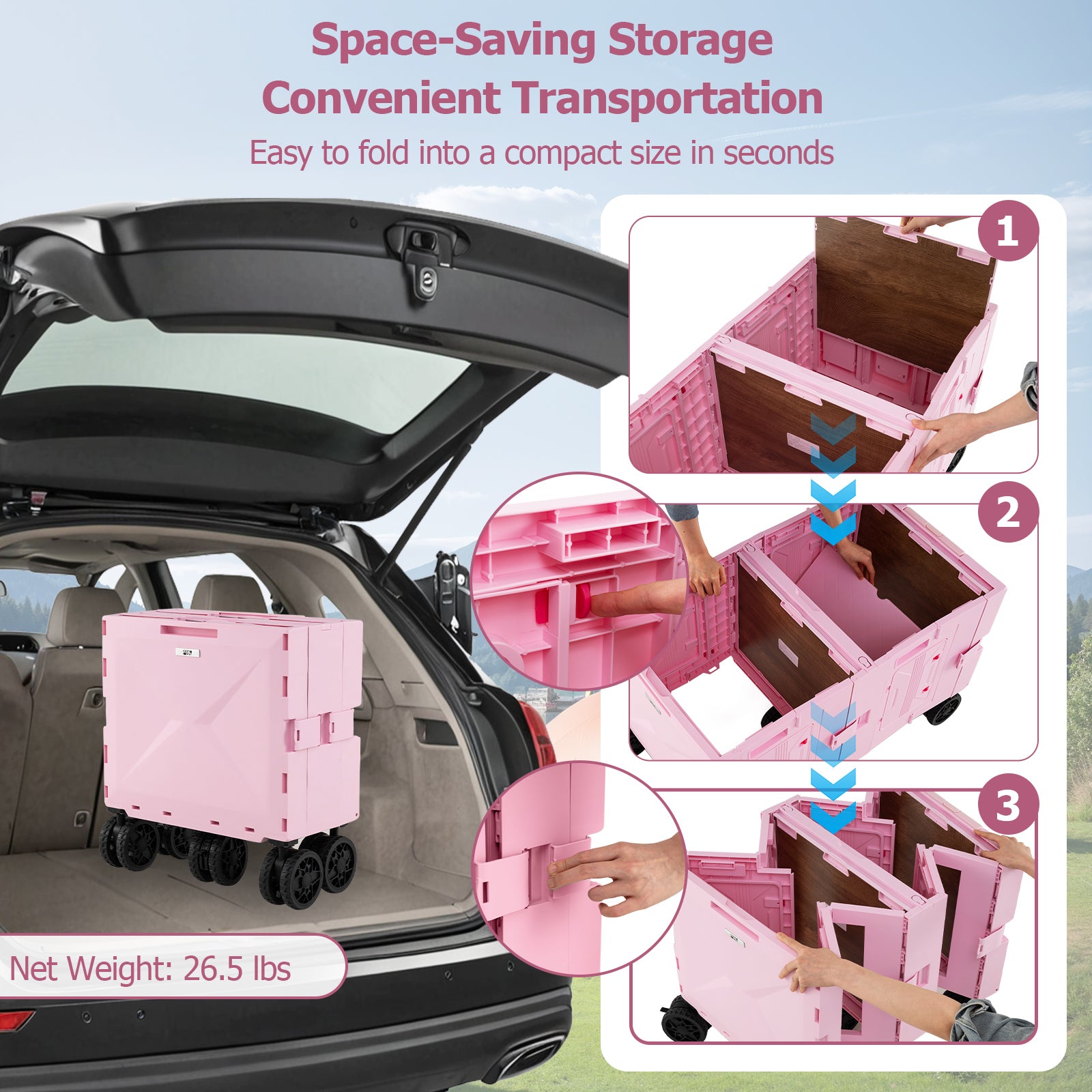 Large Foldable Utility Cart with 2-Tier Storage Crates and Telescoping Handle, Pink Camping Furniture at Gallery Canada