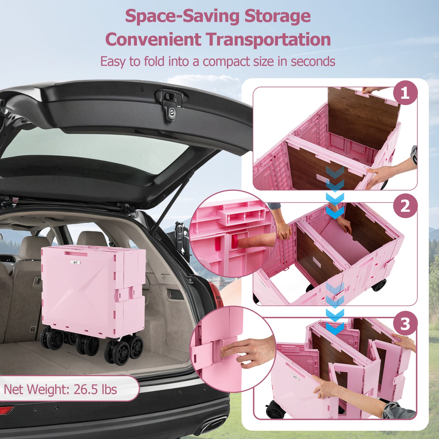 Large Foldable Utility Cart with 2-Tier Storage Crates and Telescoping Handle, Pink Camping Furniture at Gallery Canada