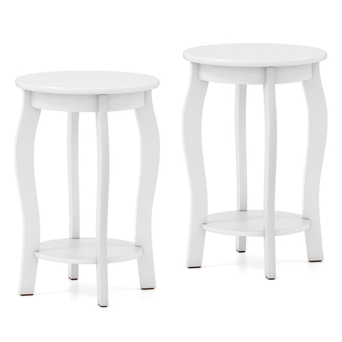 Set of 2 15 Inch 2-Tier Round End Table with Storage Shelf, White