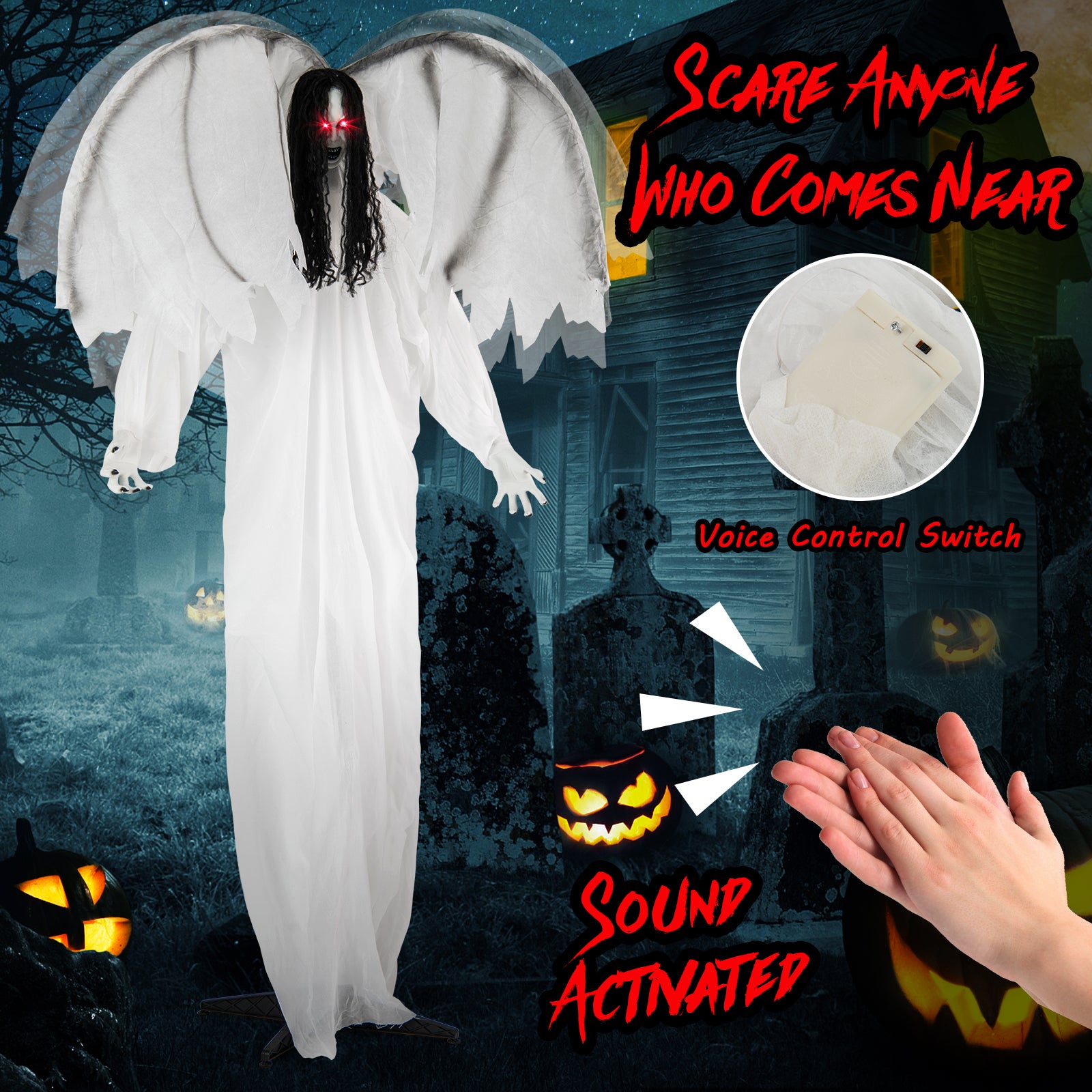 6.6 Feet Halloween Animatronic Standing Angel with Sound-Activated Light-up Eyes and Flapping Wings Halloween at Gallery Canada