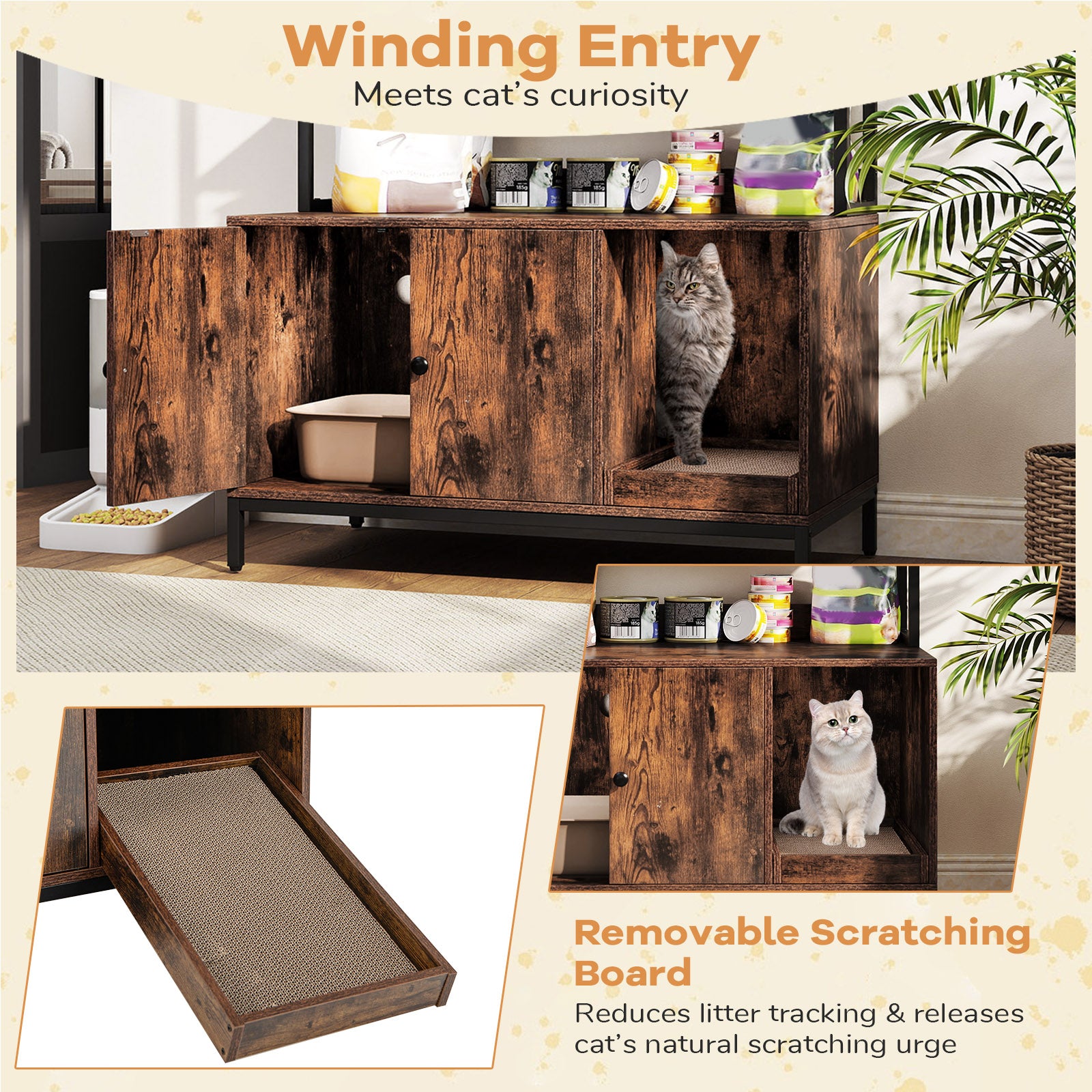 57 Inches Cat Litter Box Enclosure with Storage and Removable Scratcher, Coffee Cat Houses at Gallery Canada
