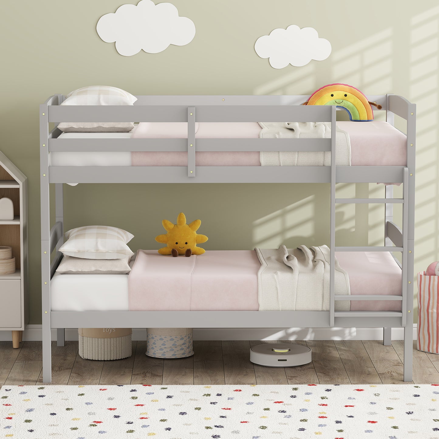 Solid Wood Twin Over Twin Bunk Bed Frame with High Guardrails and Integrated Ladder, Gray Bunk Bed Frame at Gallery Canada