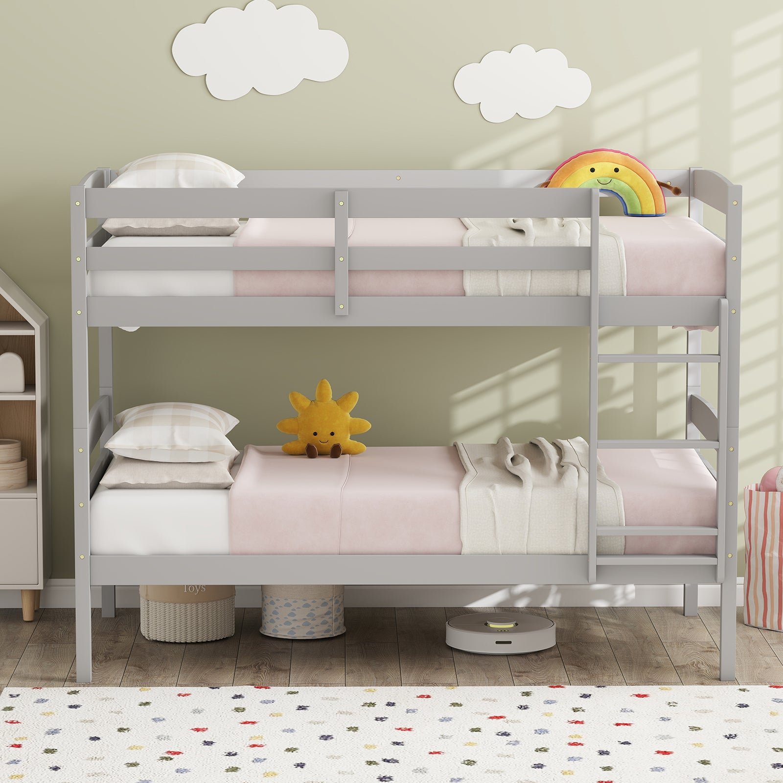 Solid Wood Twin Over Twin Bunk Bed Frame with High Guardrails and Integrated Ladder, Gray Bunk Bed Frame at Gallery Canada