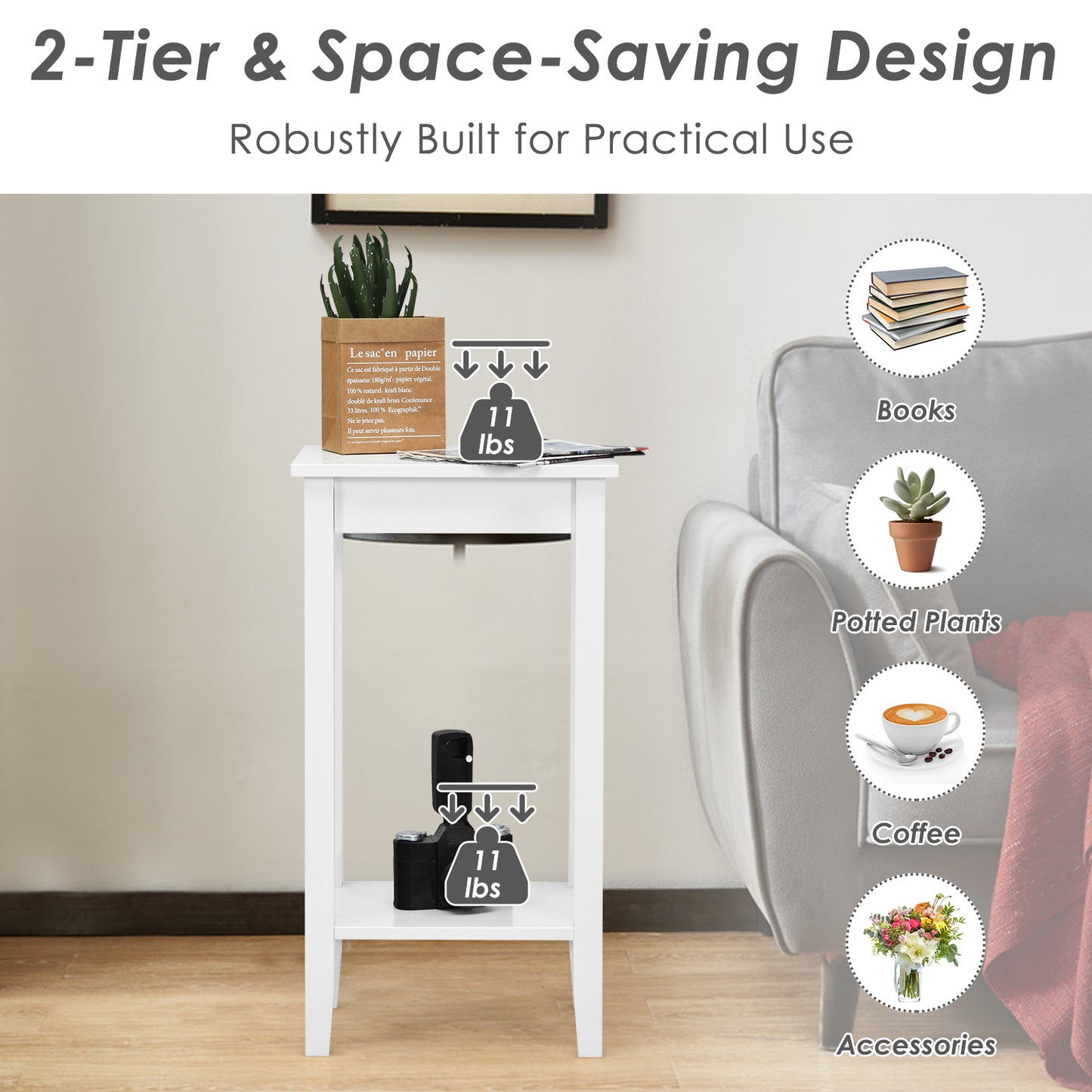 Set of 2 Versatile 2-Tier End Table with Storage Shelf, White End & Side Tables at Gallery Canada