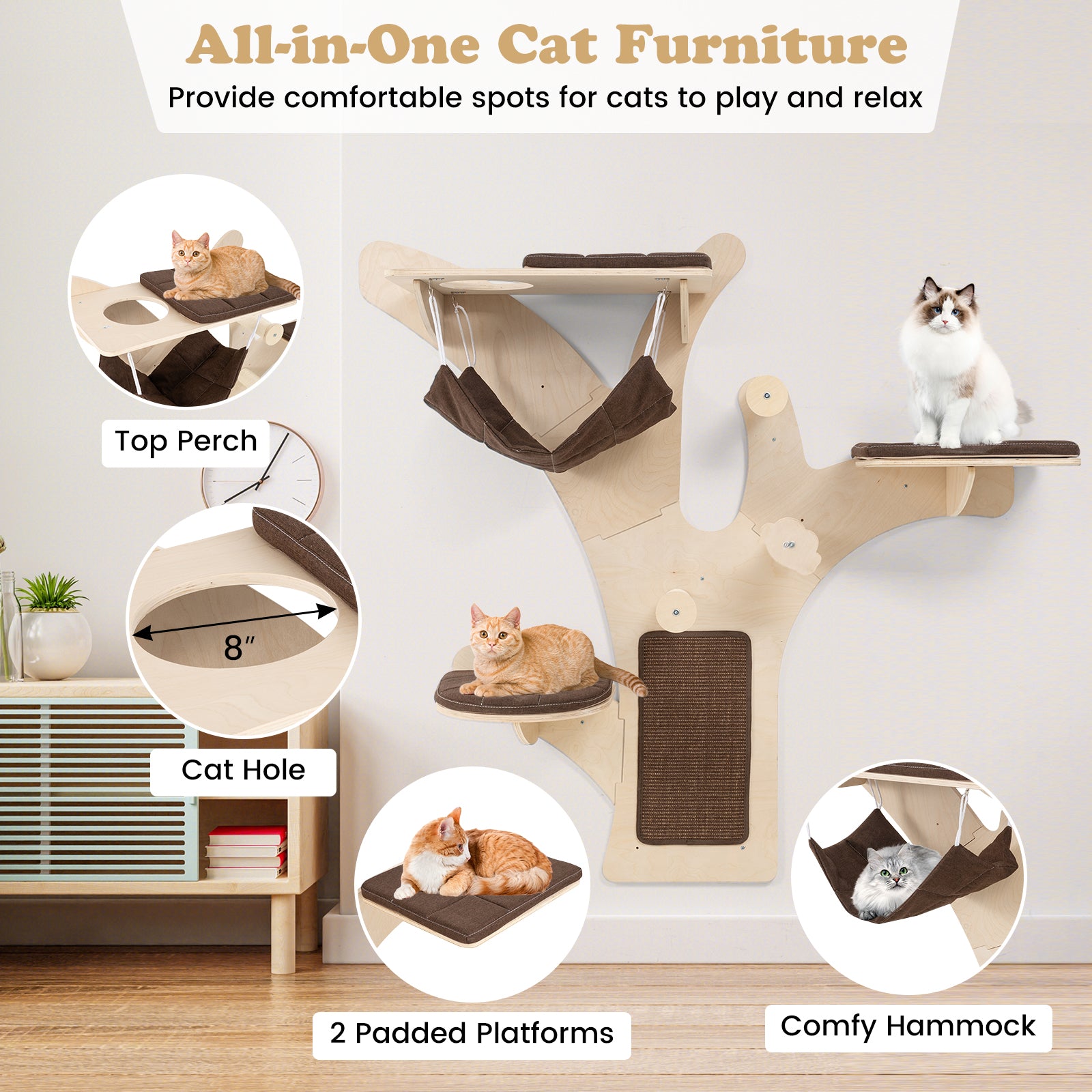 Wall-Mounted Cat Tower Cat Wall Shelves Furniture with Perch, Brown Cat Trees Condos & Scratchers at Gallery Canada