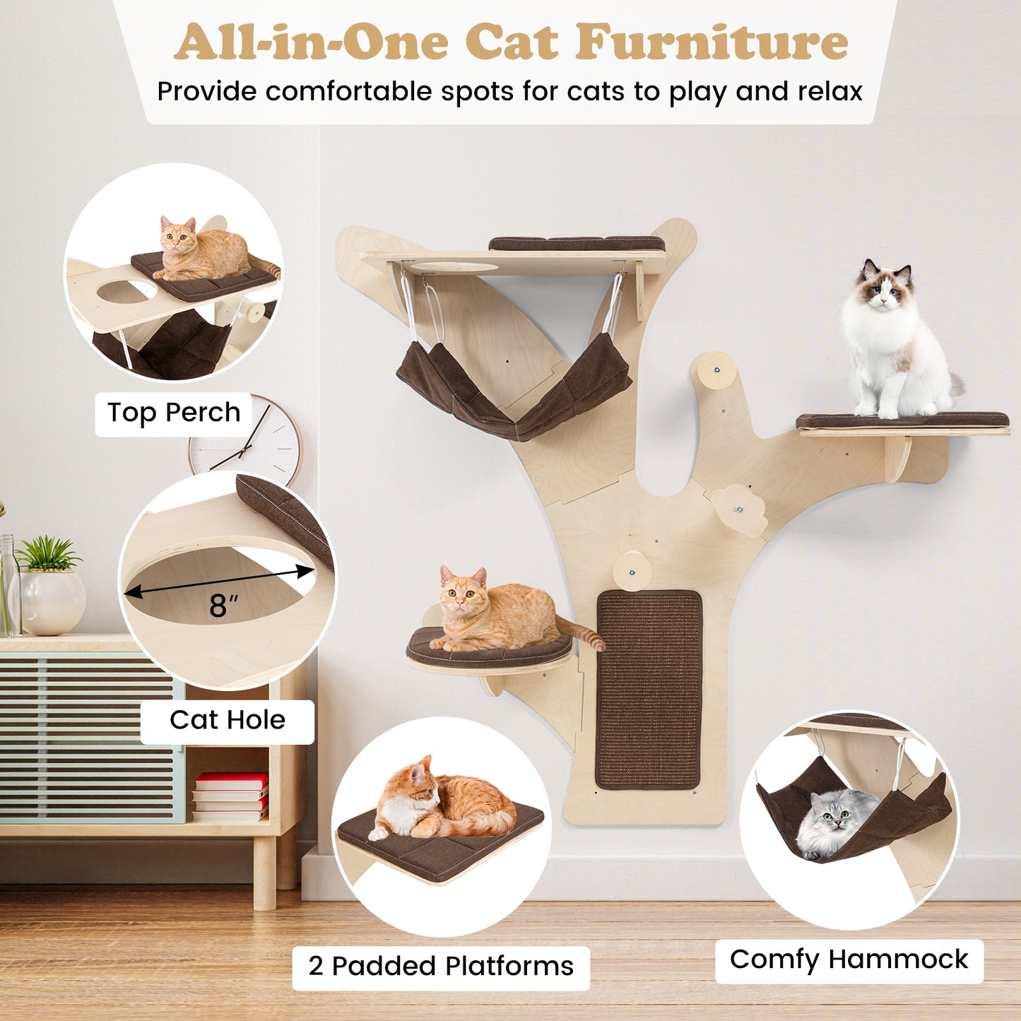 Wall-Mounted Cat Tower Cat Wall Shelves Furniture with Perch, Brown Cat Trees Condos & Scratchers at Gallery Canada