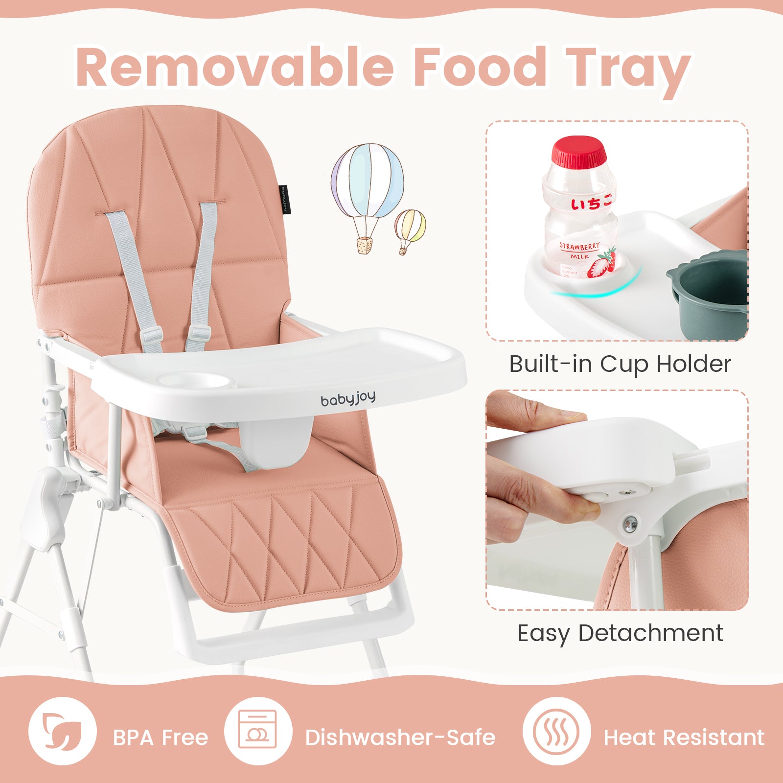 Easy Clean Compact Highchair with Removable Adjustable Tray and PU Seat Cushion, Pink Nursery Furniture at Gallery Canada