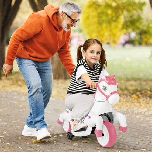 12V Unicorn Ride on Toy with Training Wheels and Horse Riding Mode, Pink