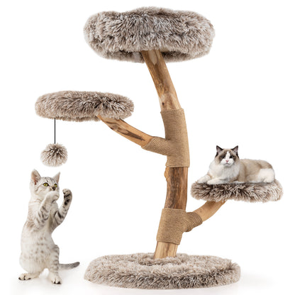 Cat Tree Solid Pear Wood with Perch and Natural Jute Scratching Posts, Brown Cat Trees Condos & Scratchers at Gallery Canada