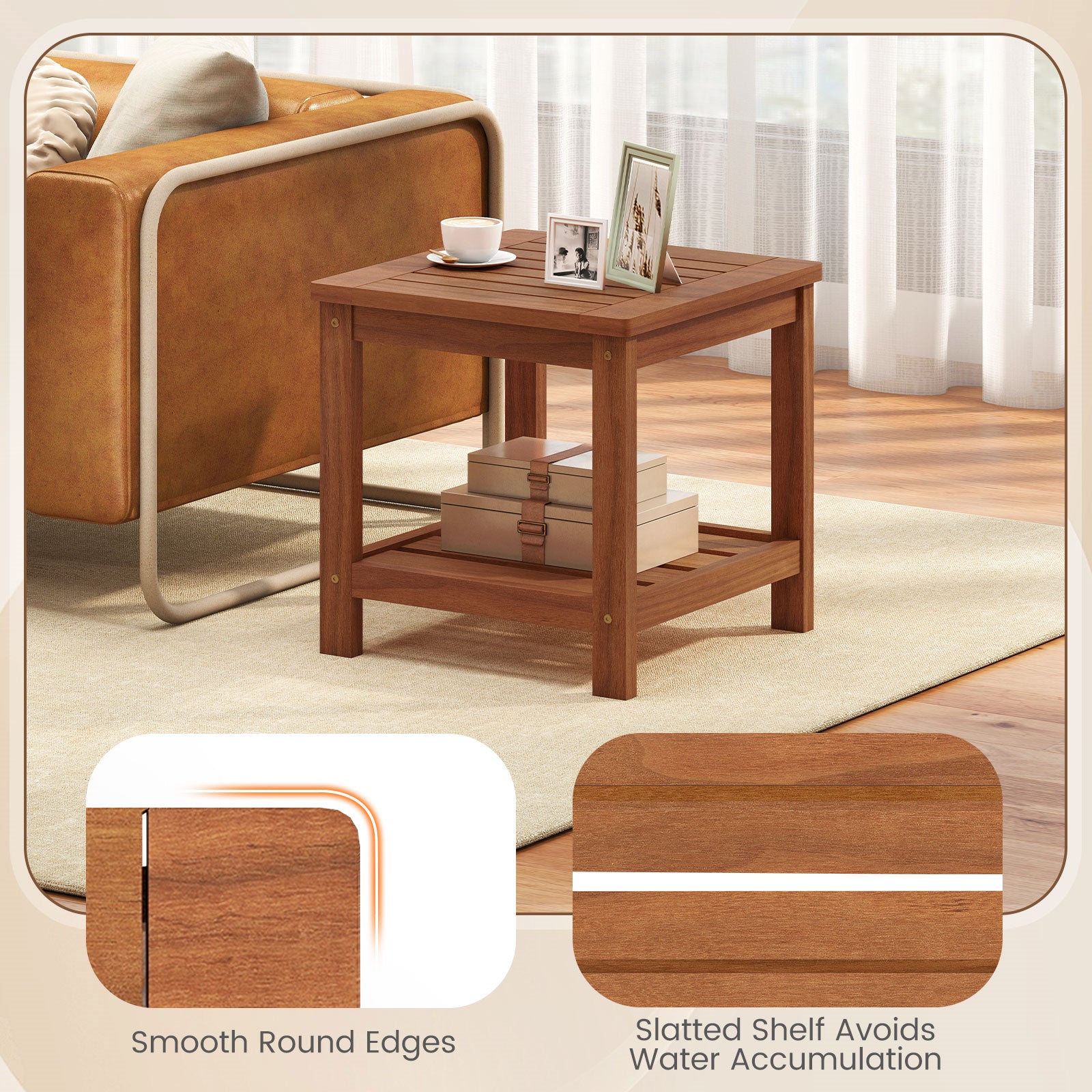 2-Tier Outdoor Side Table with Storage Shelf for Patio, Natural Patio Coffee Tables at Gallery Canada