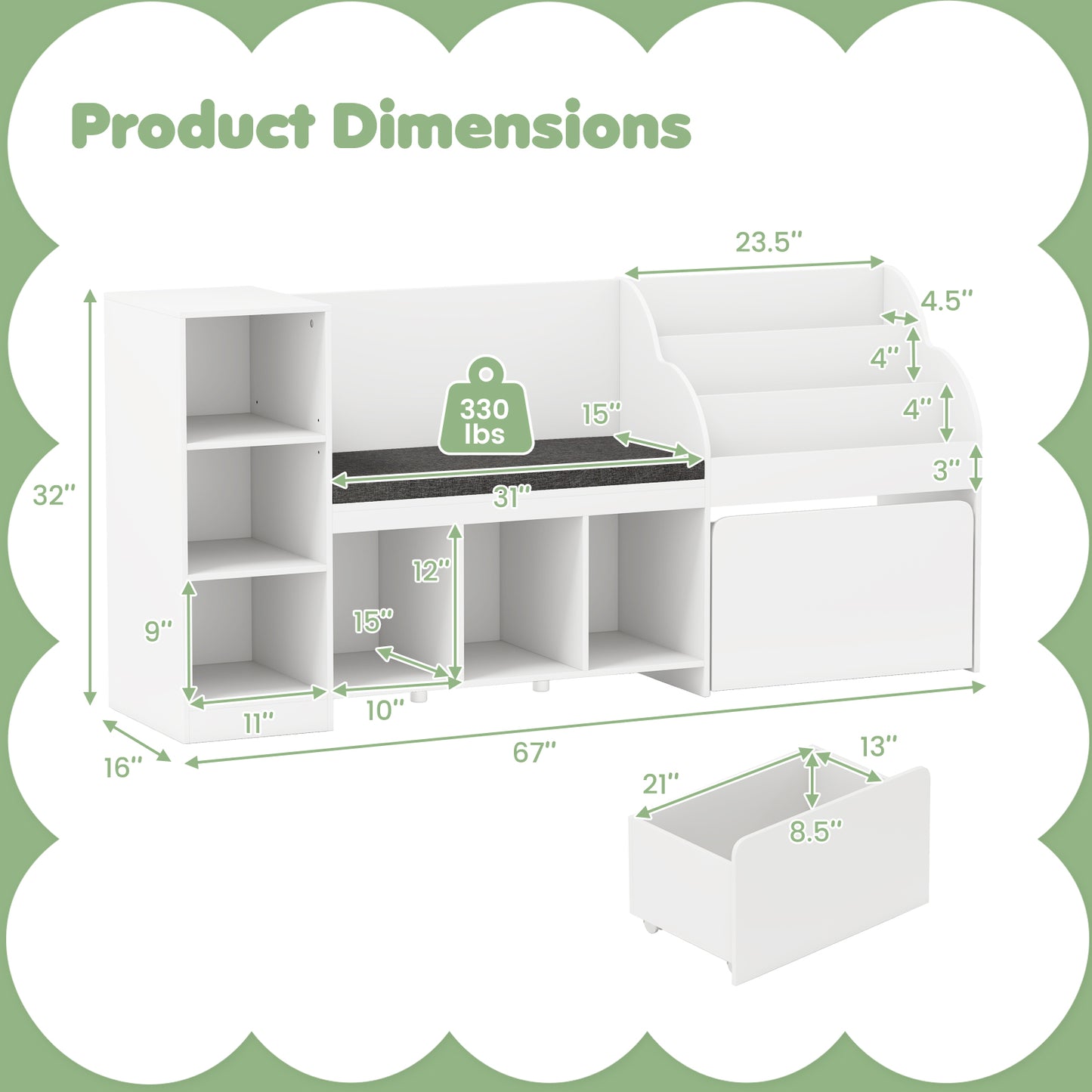 Kids Bookcase with Reading Nook 4-in-1 Standing Toy Organizer, White Kids Storage at Gallery Canada